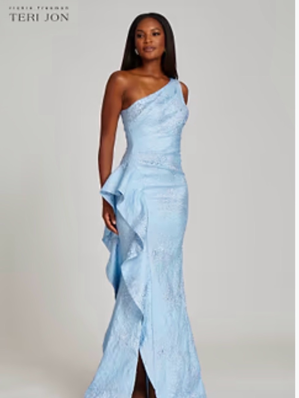 Teri Jon Metallic Jacquard One Shoulder Ruffle Gown Powder Blue Size 12 NWT